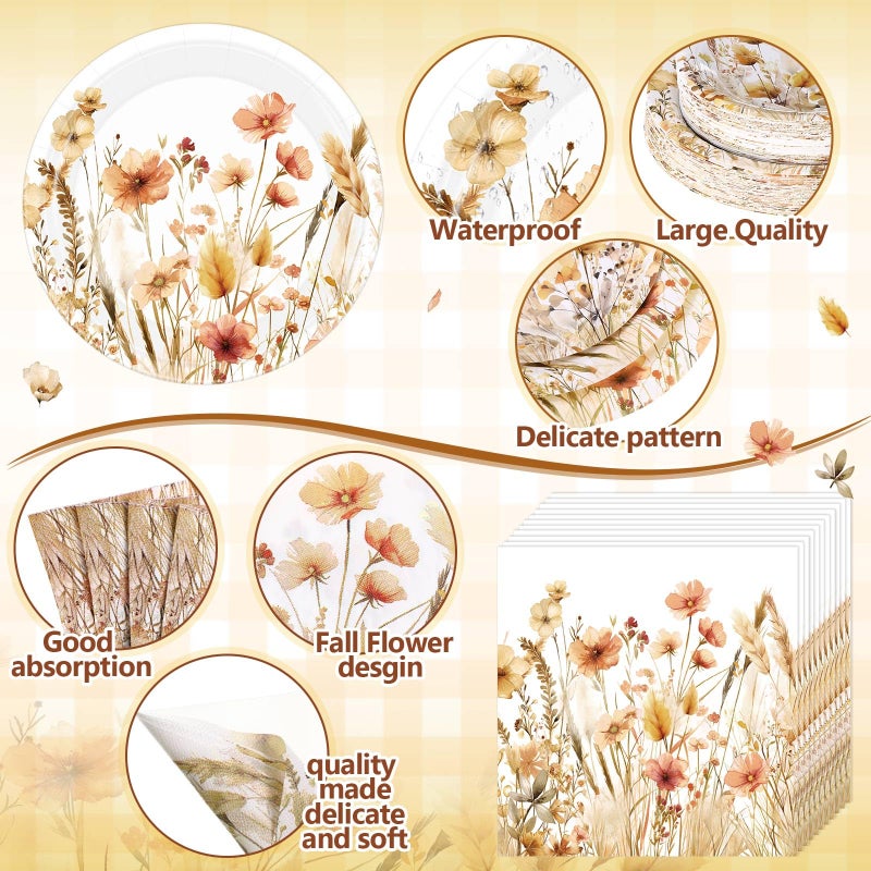 Layhit 202 Pcs Wildflower Party Decoration Supplies Floral Paper Plates Napkins Cups Butterfly Wildflower Tablecloth for Spring Summer Birthday Wedding Party(Herbs, Green) - Image 3