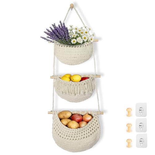 Halidali 3 Tier Hanging Fruit Baskets for Kitchen Boho Cotton Rope Handwoven Vegetable Hammock Produce Storage Wall Mounted Large Organizing Basket for Farmhouse Decor Onion Potato White - Image 1