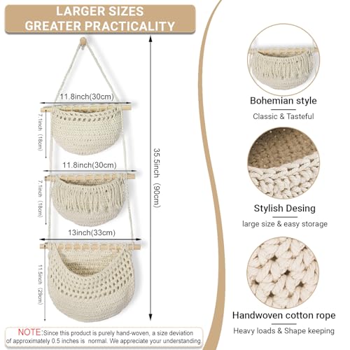 Halidali 3 Tier Hanging Fruit Baskets for Kitchen Boho Cotton Rope Handwoven Vegetable Hammock Produce Storage Wall Mounted Large Organizing Basket for Farmhouse Decor Onion Potato White - Image 3
