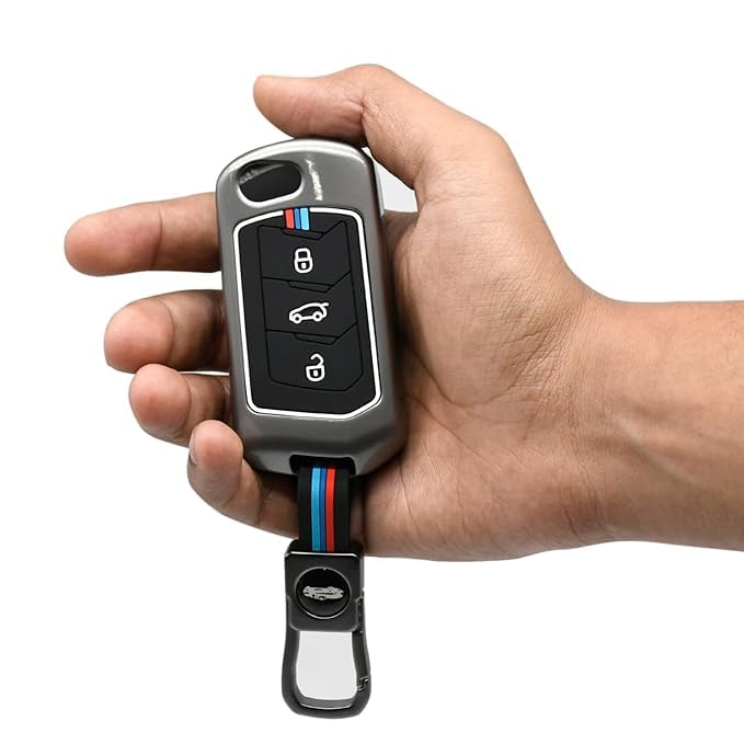 JVCV® Metal Key Cover compatible with Mahindra XUV 700 3XO Thar Marazzo Bolero Scorpio Scorpio N XUV 300 TUV300 Plus XUV 400 EV Thar Roxx 3 Button flip Key Fob Case with Stylish Protection (GunMetal) - Image 3