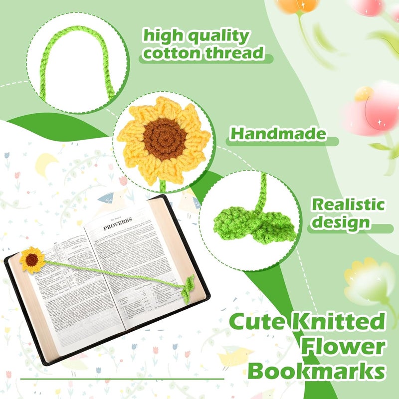 klarako 8 Pcs Cute Knitted Flower Bookmarks Handmade Crochet Bookmark Floral Cute Bookmarks Flower Page Makers Curtain Tiebacks Holdbacks for Readers Book Lovers Reading Gifts Supplies, 8 Designs - Image 3