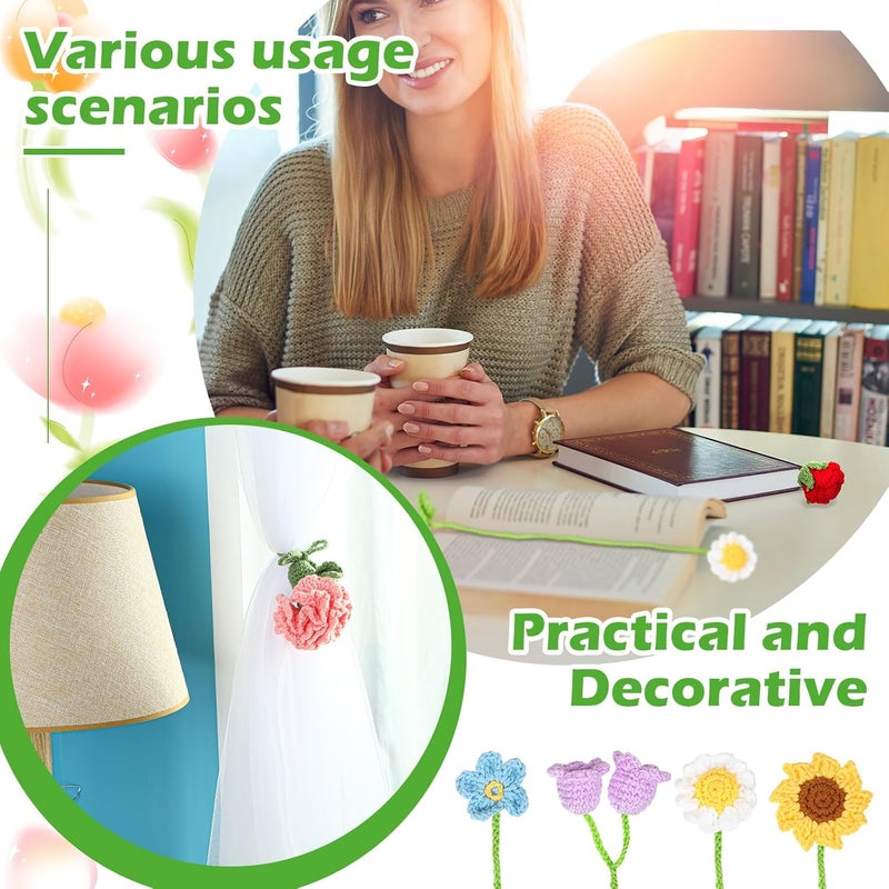 klarako 8 Pcs Cute Knitted Flower Bookmarks Handmade Crochet Bookmark Floral Cute Bookmarks Flower Page Makers Curtain Tiebacks Holdbacks for Readers Book Lovers Reading Gifts Supplies, 8 Designs - Image 5