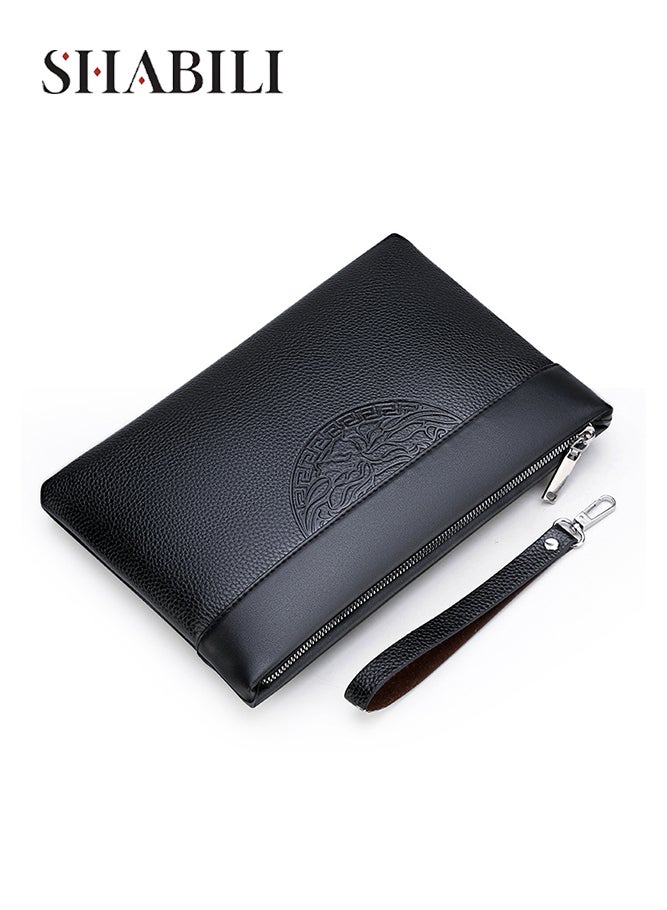 SHABILI Men's PU Leather Clutch Bag, Gents Bag Wallet Handbag Wrist Bag Card Holder Passport Bag, Secure Zipper Organizer with Card Slots and Detachable Strap for Business Travel Office Commuting(Black) - Image 1