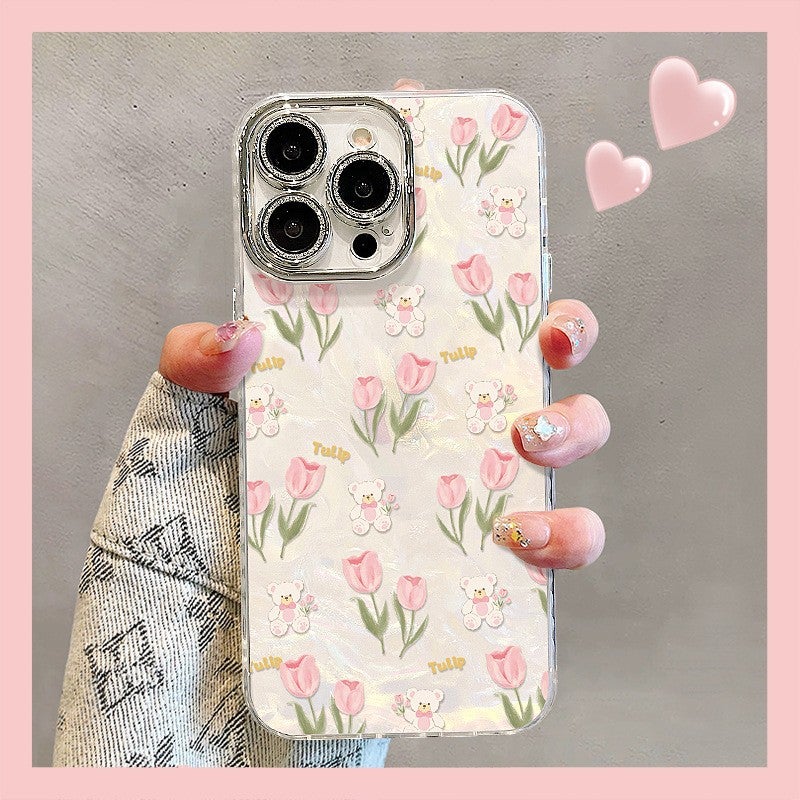 Tulip Bear Bracelet Case for Apple 17 Pro Max, iPhone 15, Light Luxury 16, Fresh Style 14 للنساء - Image 1