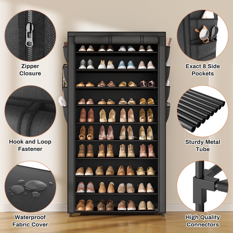 VTRIN Tall Shoe Rack with Cover, 10 Tier Shoe Organizer Storage for 50-55 Pairs Shoes and Boots Large Capacity Shoe Shelf with 8 Pockets Free Standing Shoe Rack for Closet, Entryway, Garage - Image 5