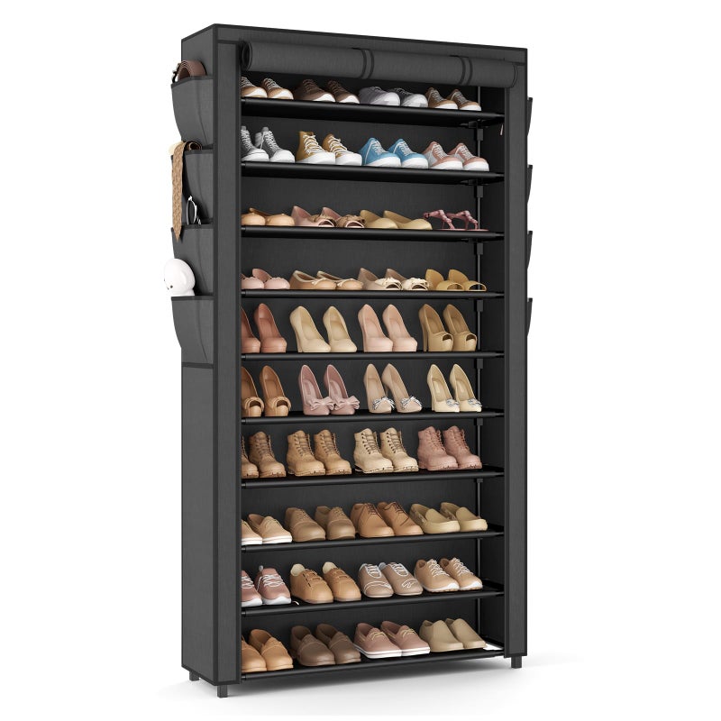 VTRIN Tall Shoe Rack with Cover, 10 Tier Shoe Organizer Storage for 50-55 Pairs Shoes and Boots Large Capacity Shoe Shelf with 8 Pockets Free Standing Shoe Rack for Closet, Entryway, Garage - Image 1
