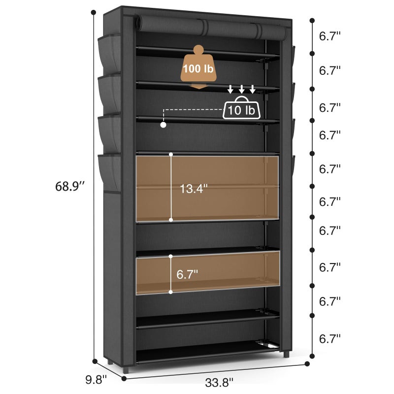 VTRIN Tall Shoe Rack with Cover, 10 Tier Shoe Organizer Storage for 50-55 Pairs Shoes and Boots Large Capacity Shoe Shelf with 8 Pockets Free Standing Shoe Rack for Closet, Entryway, Garage - Image 3