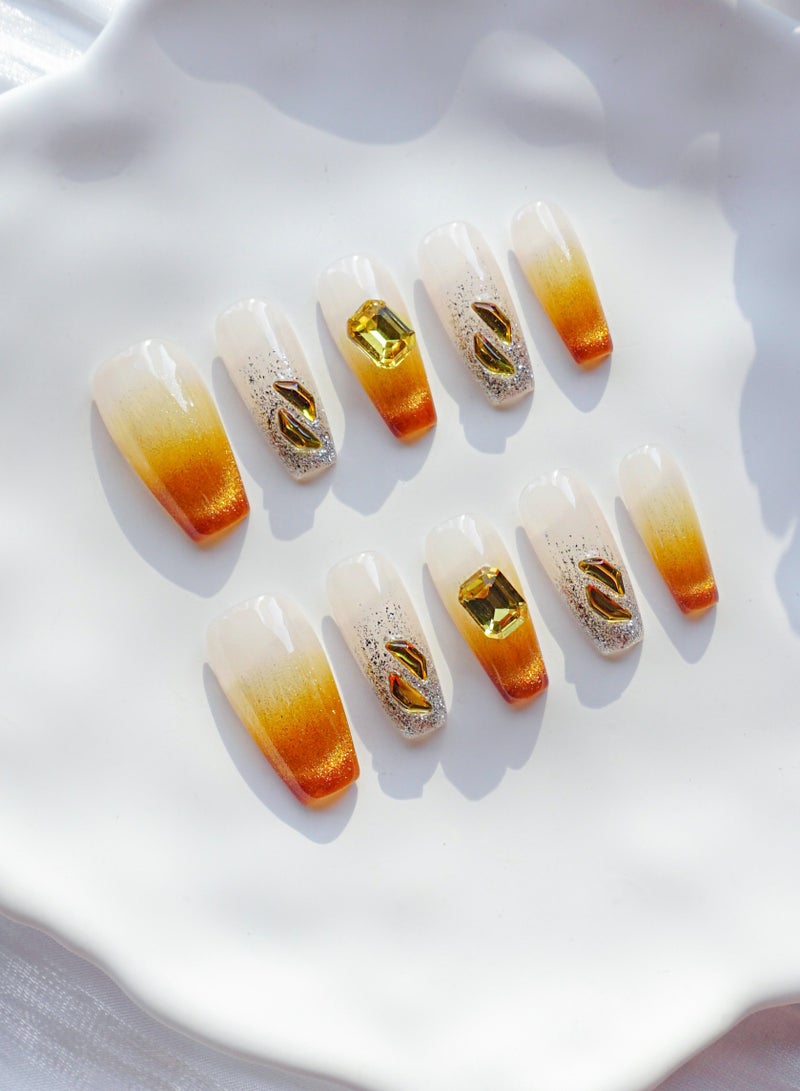Artist Design/3D Sparkling Amber  (Handmade)/Press On nails/Luxury Hand Painted/Long Coffin/10 PCS/L Size - Image 2
