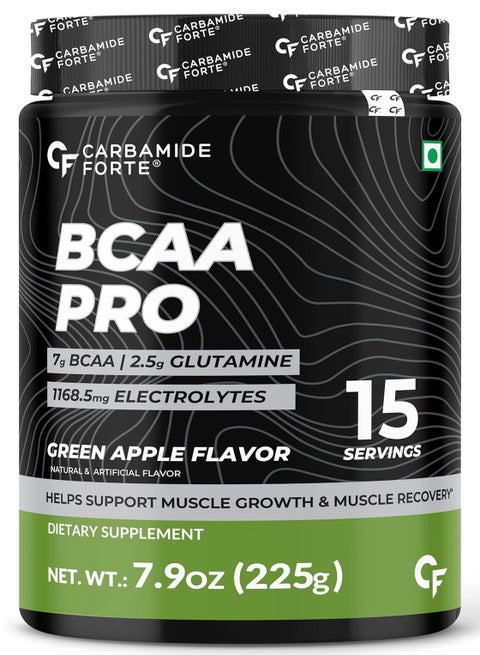 Carbamide Forte Bcaa Pro Supplement For Men&Women 15G Serving With L-Glutamine&L-Citrulline|Max Strength Bcaa Powder With 1168.5Mg Electrolyte Blend&Vitamin B6 Supplement-Green Apple Flavour-225G