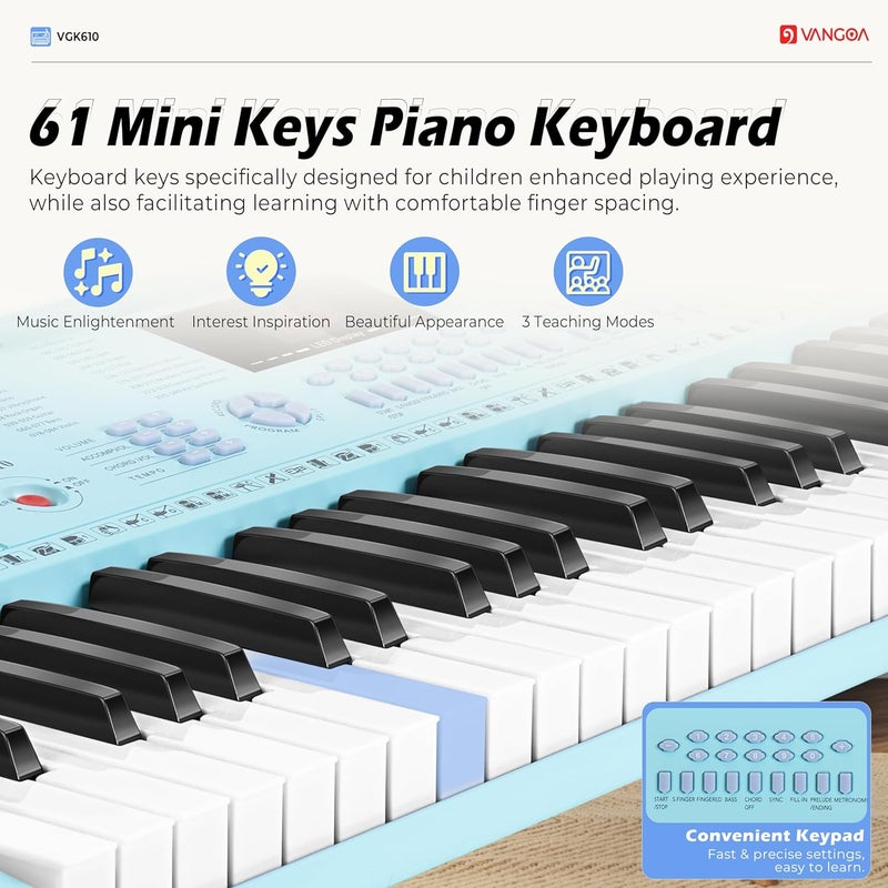 Vangoa VGK610 Piano Keyboard, 61 Mini Keys Portable Music Keyboard for Beginners with Microphone, 3 Teaching Modes, 350 Tones, 350 Rhythms, 30 Demos, Blue - Image 3