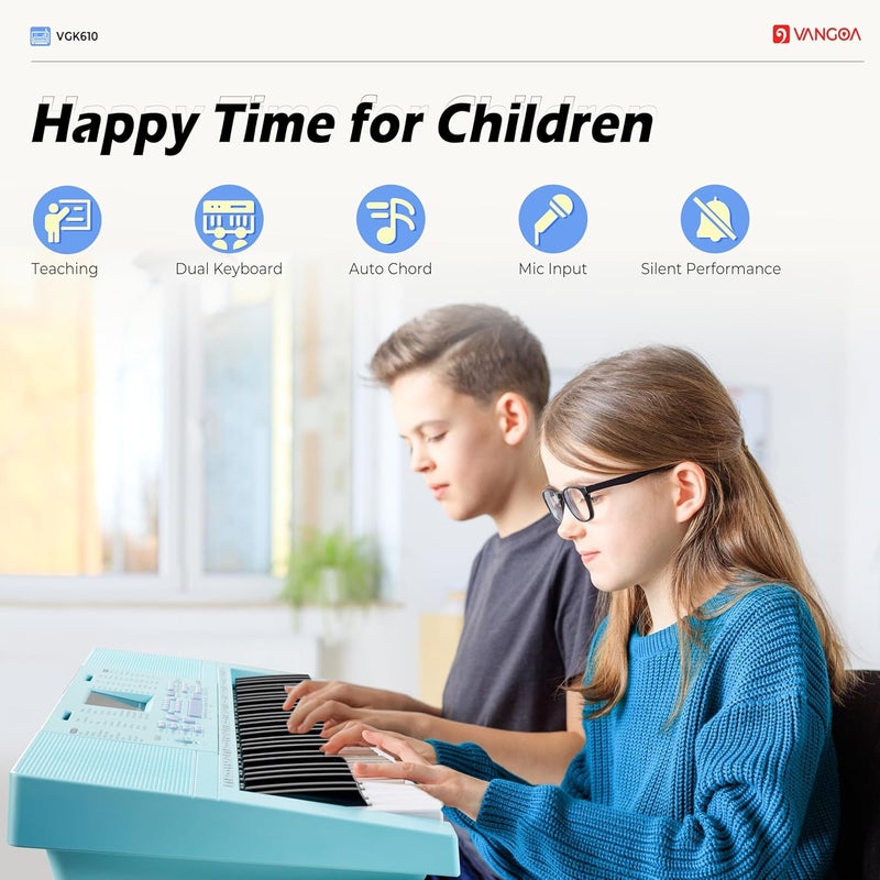 Vangoa VGK610 Piano Keyboard, 61 Mini Keys Portable Music Keyboard for Beginners with Microphone, 3 Teaching Modes, 350 Tones, 350 Rhythms, 30 Demos, Blue - Image 2