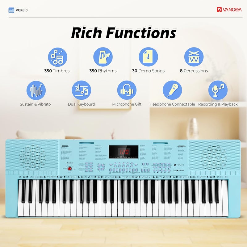 Vangoa VGK610 Piano Keyboard, 61 Mini Keys Portable Music Keyboard for Beginners with Microphone, 3 Teaching Modes, 350 Tones, 350 Rhythms, 30 Demos, Blue - Image 4