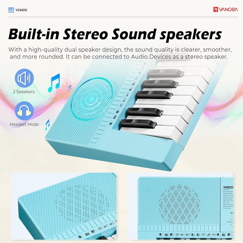 Vangoa VGK610 Piano Keyboard, 61 Mini Keys Portable Music Keyboard for Beginners with Microphone, 3 Teaching Modes, 350 Tones, 350 Rhythms, 30 Demos, Blue - Image 5