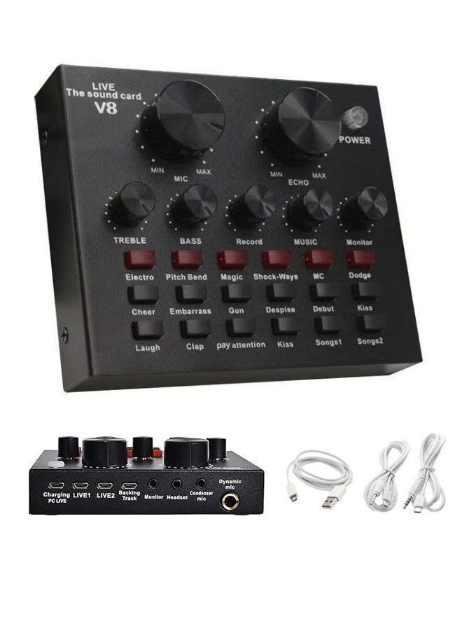 VOGMAX - External Sound Card USB Live External Sound Mixer Board Voice Changer Sound Card with Multiple Sound Effects for Live Recording Home KTV Voice Chat - Image 1