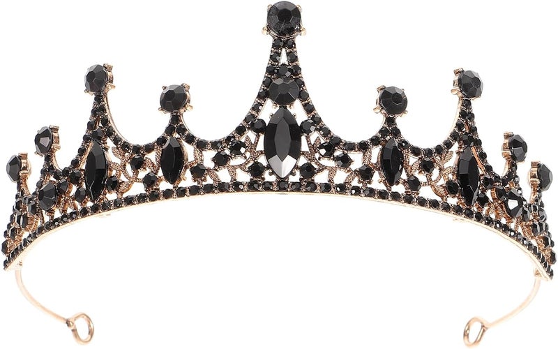 Lurrose Baroque Queen Crown Wedding Bridal Tiara Black Rhinestones Baroque Halloween Costume Prom Pageant Tiara for Women