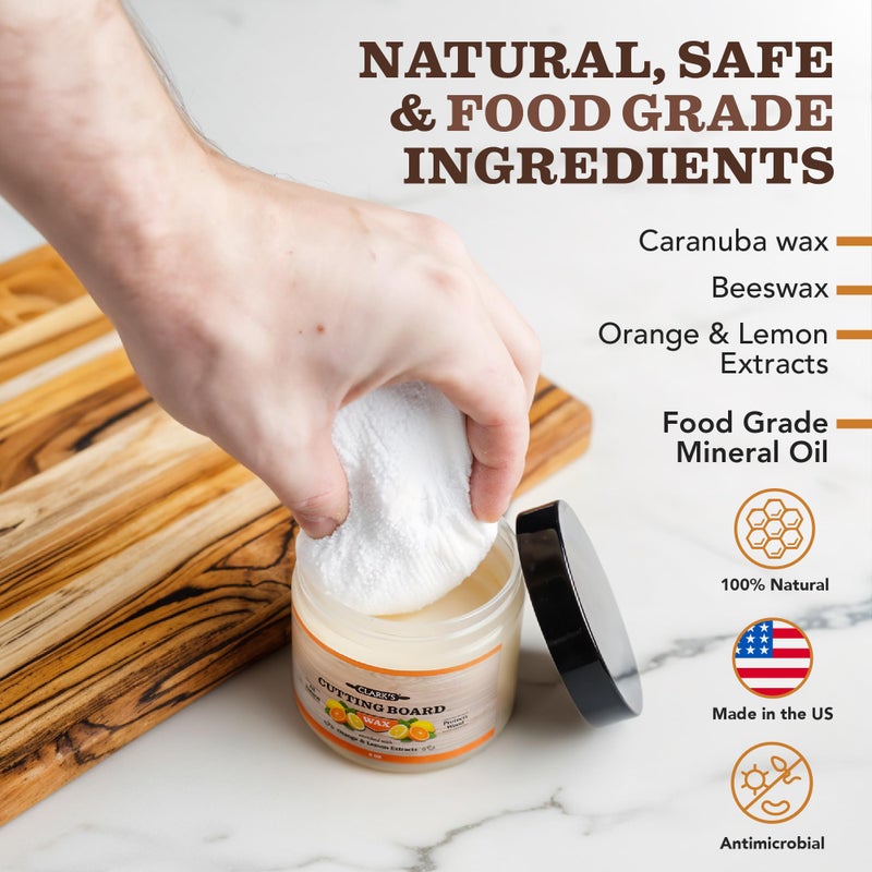 CLARK'S Cutting Board Wax - 2-in-1 Wood Butter & Food Grade Mineral Oil with Beeswax â€“ Butcher Block Conditioner for Cutting Boards â€“ Orange & Lemon Essential Oil Scent â€“ Made in USA, 6oz - Image 2