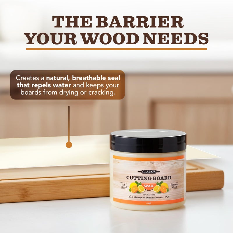 CLARK'S Cutting Board Wax - 2-in-1 Wood Butter & Food Grade Mineral Oil with Beeswax â€“ Butcher Block Conditioner for Cutting Boards â€“ Orange & Lemon Essential Oil Scent â€“ Made in USA, 6oz - Image 4