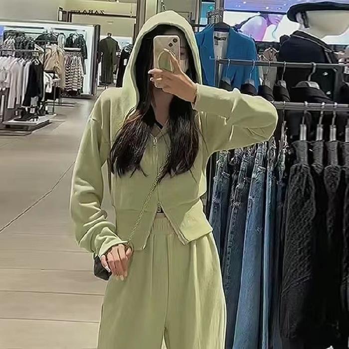 Cross-Border fashion new online celebrity thread suit womens clothing European and American style hooded zipper sweater wide leg pants two-piece set Green - Image 1