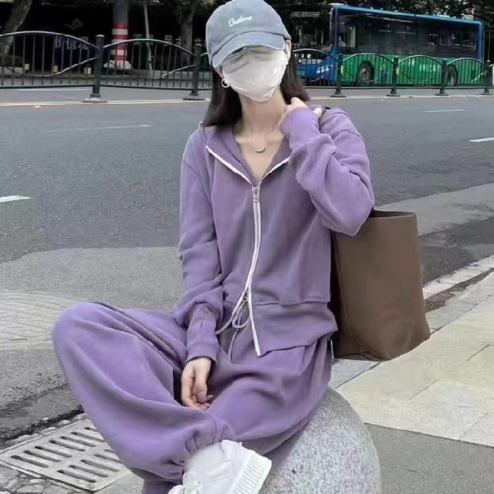 Cross-Border fashion new online celebrity thread suit womens clothing European and American style hooded zipper sweater wide leg pants two-piece set Green - Image 2