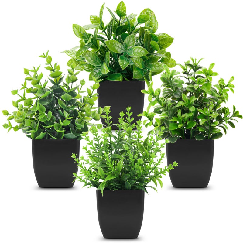 Der Rose 4 Pack Black Bathroom Decor Fake Plants Mini Artificial Greenery Potted Plants for Halloween Decor Indoor Office Table Room Farmhouse Decor - Image 1