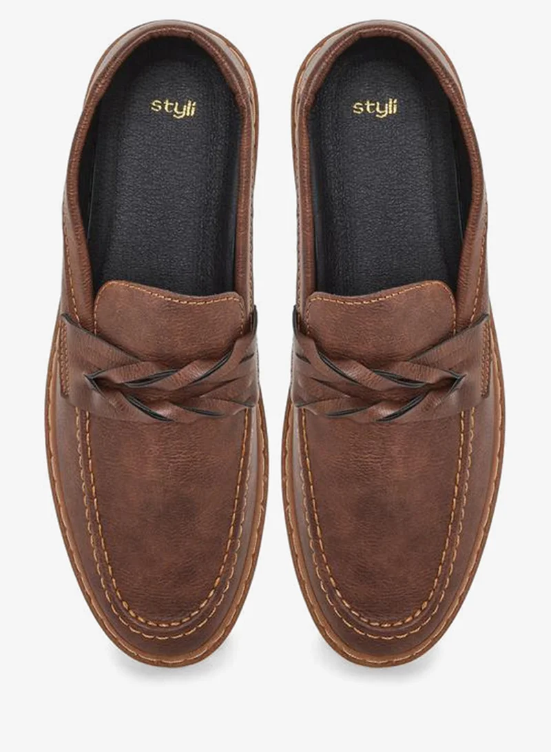 Styli Men Faux Leather Stitch Detail Loafers