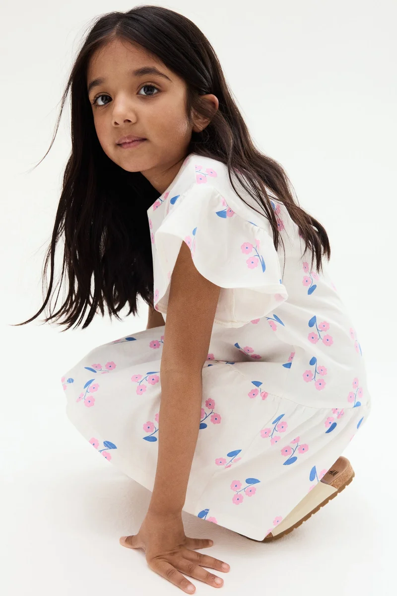 اتش اند ام فستان قطني بأكمام مكشكشة