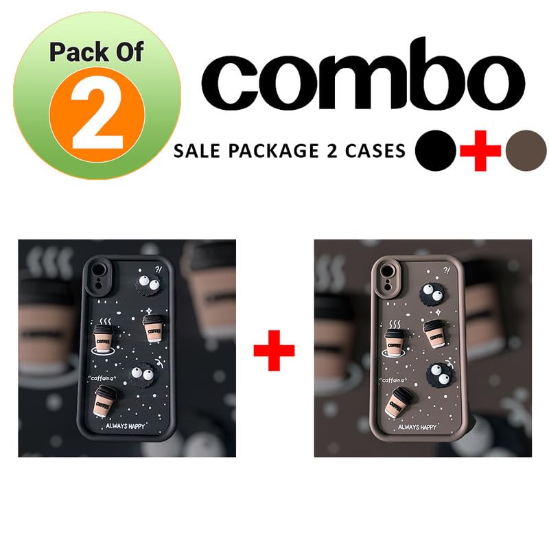 ZEROTONE Back Case Cover Compatible for iPhone XR | Pack of 2 Combo Black & Brown Case | Cute Fun Cartoon 3D Ball Coffee Silicone Case | Body Protection | Camera Protection | Shock Proof - Image 3