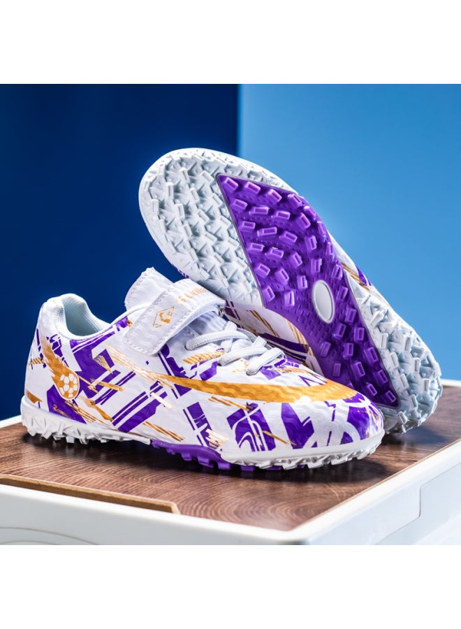 Children's Football Shoes with Velcro and Rotating Button Spikes, White Purple – C Luo Style for Primary School Students