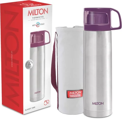 Milton Milton Glassy 1000 Thermosteel 24 Hours Hot and Cold Water Bottle with Drinking Cup Lid, 1 Litre, Purple | Leak Proof | Office Bottle | Gym Bottle | Home | Kitchen | Hiking | Trekking | Travel Bottle Purple