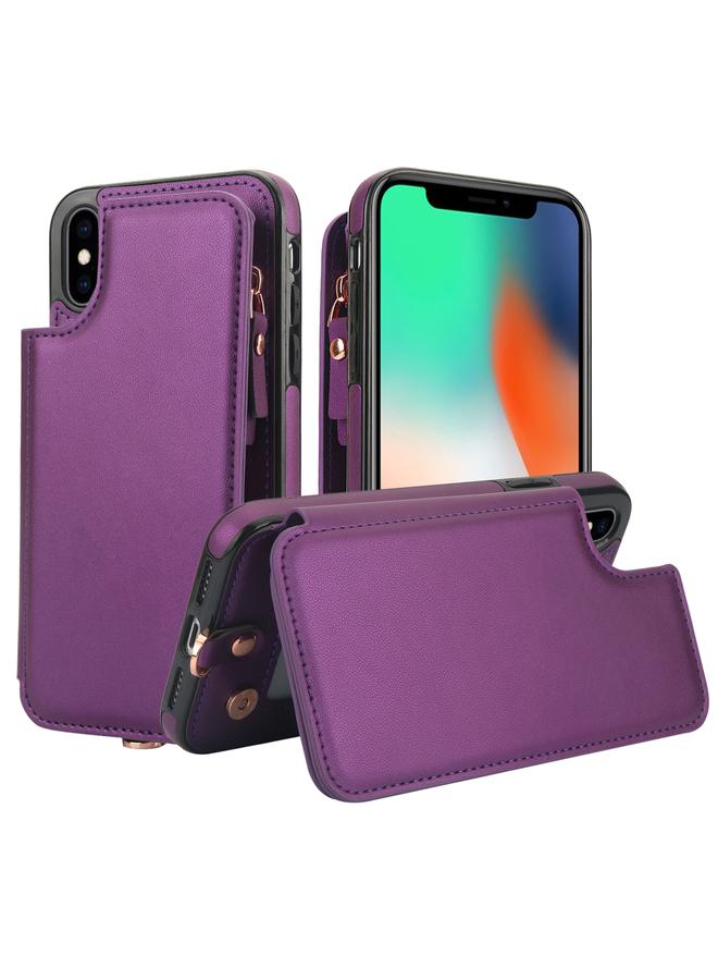 اس-توب جراب هاتف iPhone XS Max بسحاب مزدوج من الجلد بتقنية RFID مع حبل قصير - Image 1