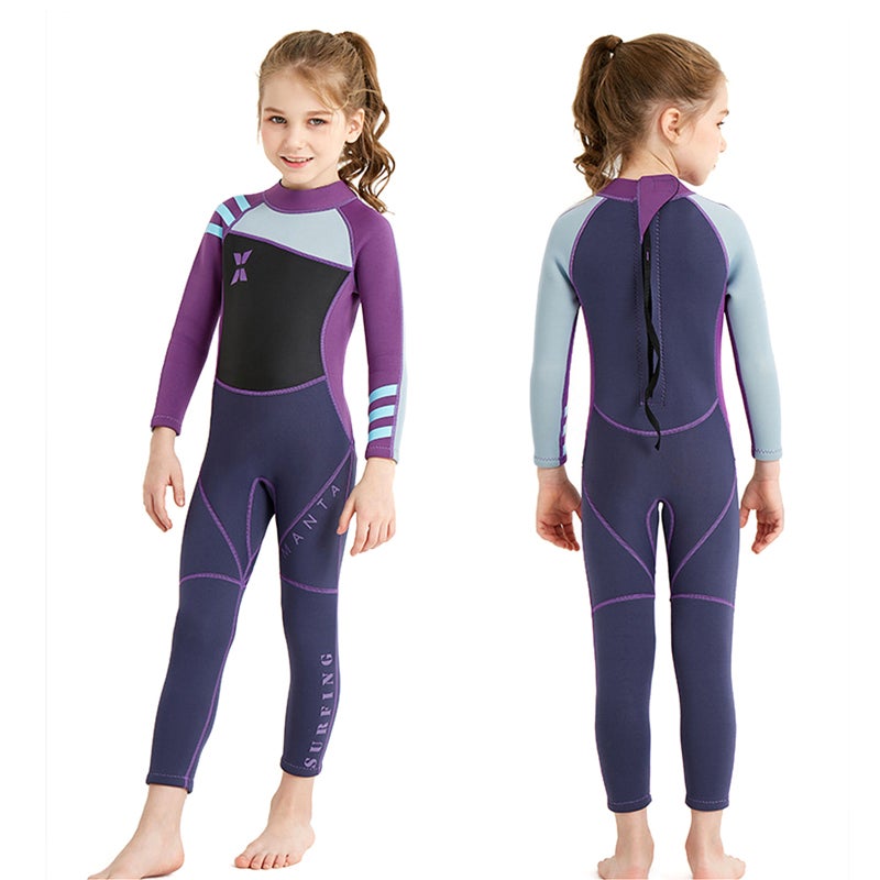 DIVE & SAIL Kids Neoprene Swimsuit - M Size Purple, Circulation Lock Temperature Design, Back Open Zipper With Extra-Long Pull Cord, High Adhesion Sticker For Kids Water Activities - Image 1