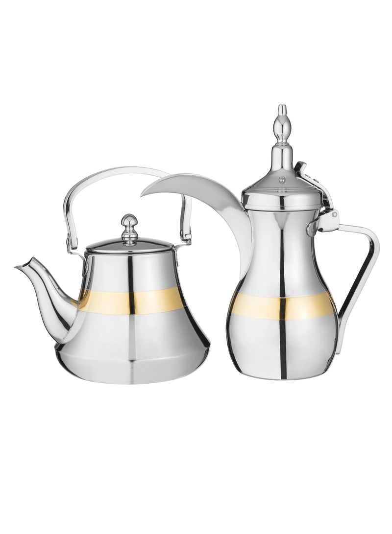 بوهارا طقم دلة قهوة عربية و براد شاي بوهارا استيل هندي بخط ذهبي مكون من قطعتين - Image 1