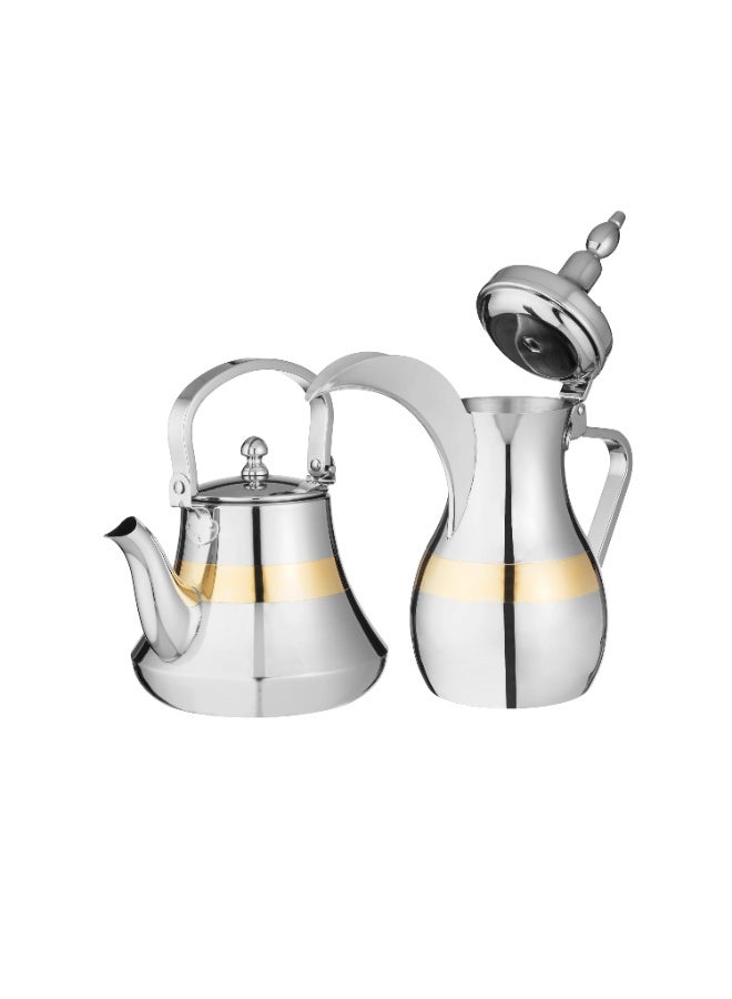 بوهارا طقم دلة قهوة عربية و براد شاي بوهارا استيل هندي بخط ذهبي مكون من قطعتين - Image 2