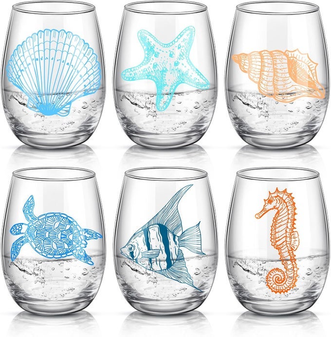 6 PCS OCEAN STEMLESS WINE GLASSES SEA BEACH TURTLE STARFISH SEA CONCH SEASHORE GLASSWARE BOTTLE GLASS CUTE NO STEM DRINKING GLASSWARE FOR WOMEN MEN CHRISTMAS BIRTHDAY WINE LOVERS GIFTS