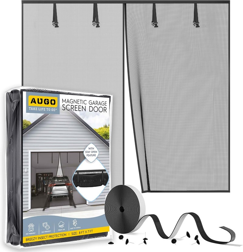 AUGO Garage Door Screen Magnetic Closure - Garage Screen Doors for 1 Car Garage Pull Down - Magnetic Screen Door Mesh - Heavy Duty Weighted Bottom- Pet & Kid Friendly - Keep Open Feature - 8' x 7' - Image 1