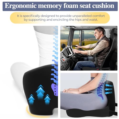 Mosxoed Memory Foam Seat Cushion for Sciatica & Back Pain Relief - Ergonomic Chair Pad with Adjustable Strap & Supportive Comfort Cover, Non-Slip for Car, Truck, Office Chair -Black - Image 3