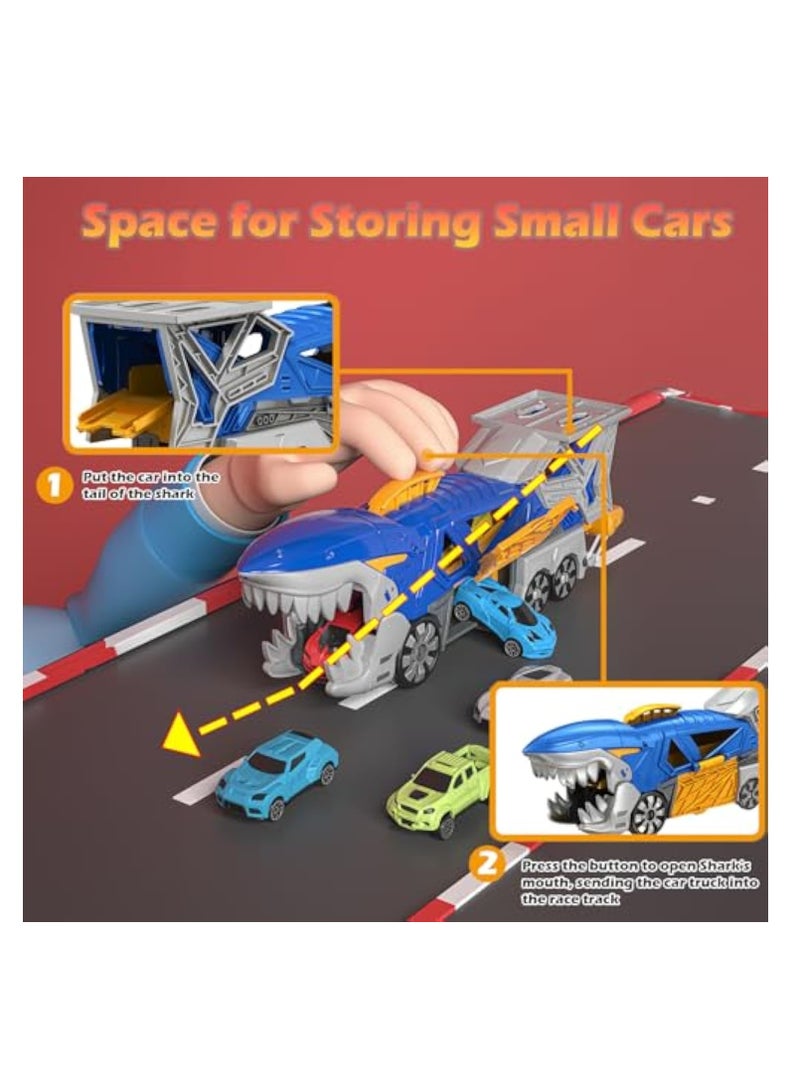 SOLARAE 7Pcs Shark Toy Car Track Set, Loop and Launcher Race Car Toys, Ultimate Hauler Track Toy, Shark Toys Carrier Vehicle, Shark Deformation Track Ejection Car Toy, Truck Gifts for 3 Plus Year Old Boy Toys - Image 3