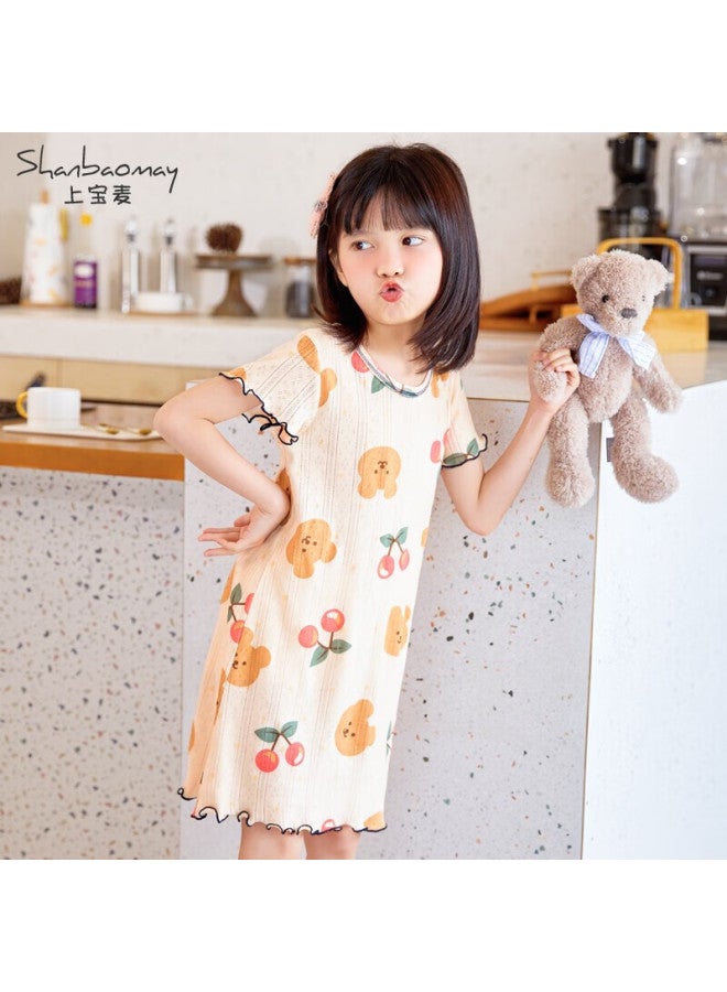 Shangbaimei Summer Children's Nightgown, Girls' Pajamas, Short-sleeve Girls' Loungewear, Cotton Thin, Parent-child, Breathable, Cool-feeling, Pink, Size 140