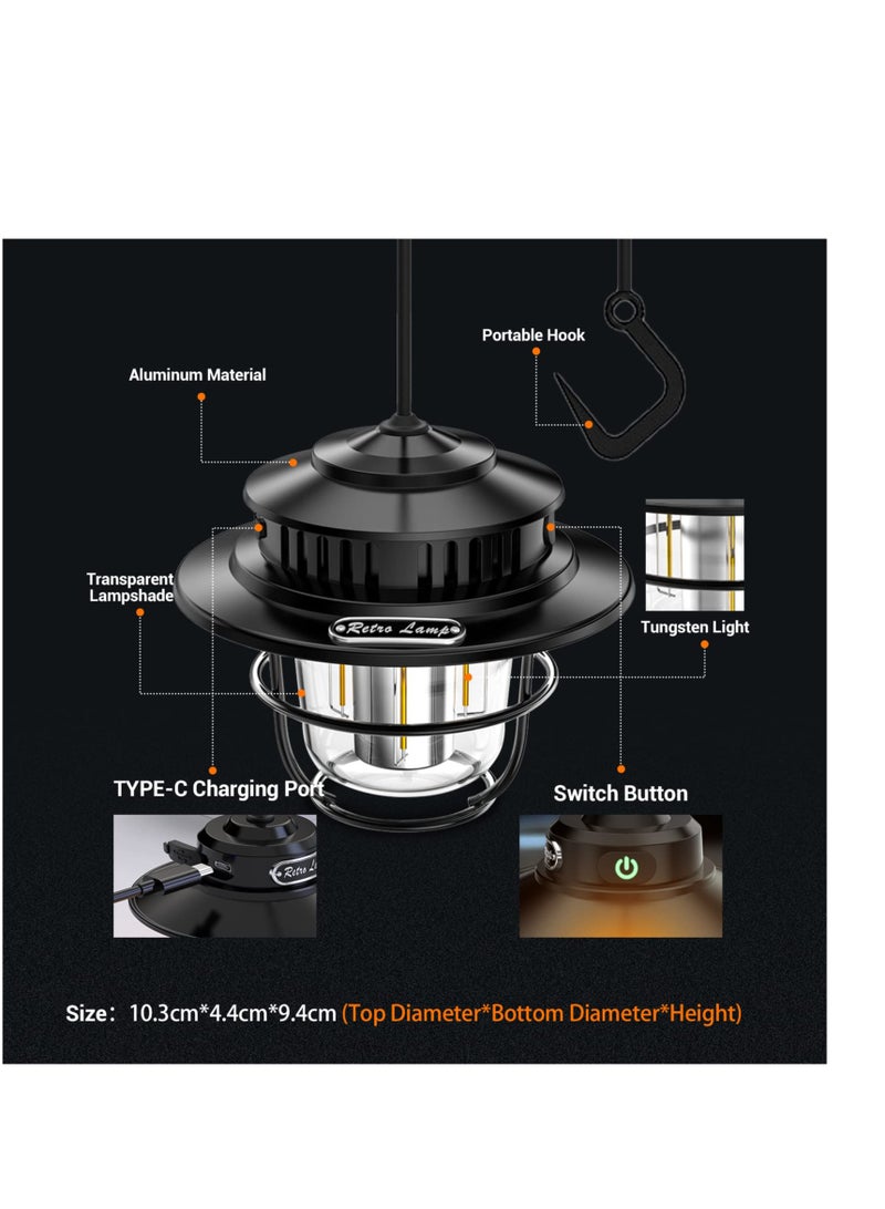 Zikra Camping Lantern Rechargeable, 4 Modes Infinitely Dimmable Light，Hanging Retro Light, Battery Powered IPX4 Waterproof Portable Outdoor Tent Electric Lamp - 2 Pack - Image 4