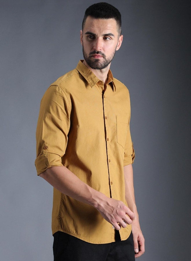 HIGH STAR Men's Khaki 100% Cotton Solid Pattern Button Down Regular Fit Shirt - Image 3