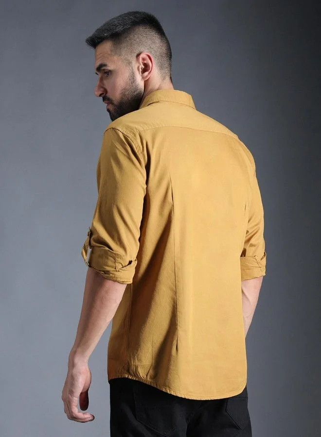 HIGH STAR  Men's Khaki 100% Cotton Solid Pattern Button Down Regular Fit Shirt for Men | Best Price UAE