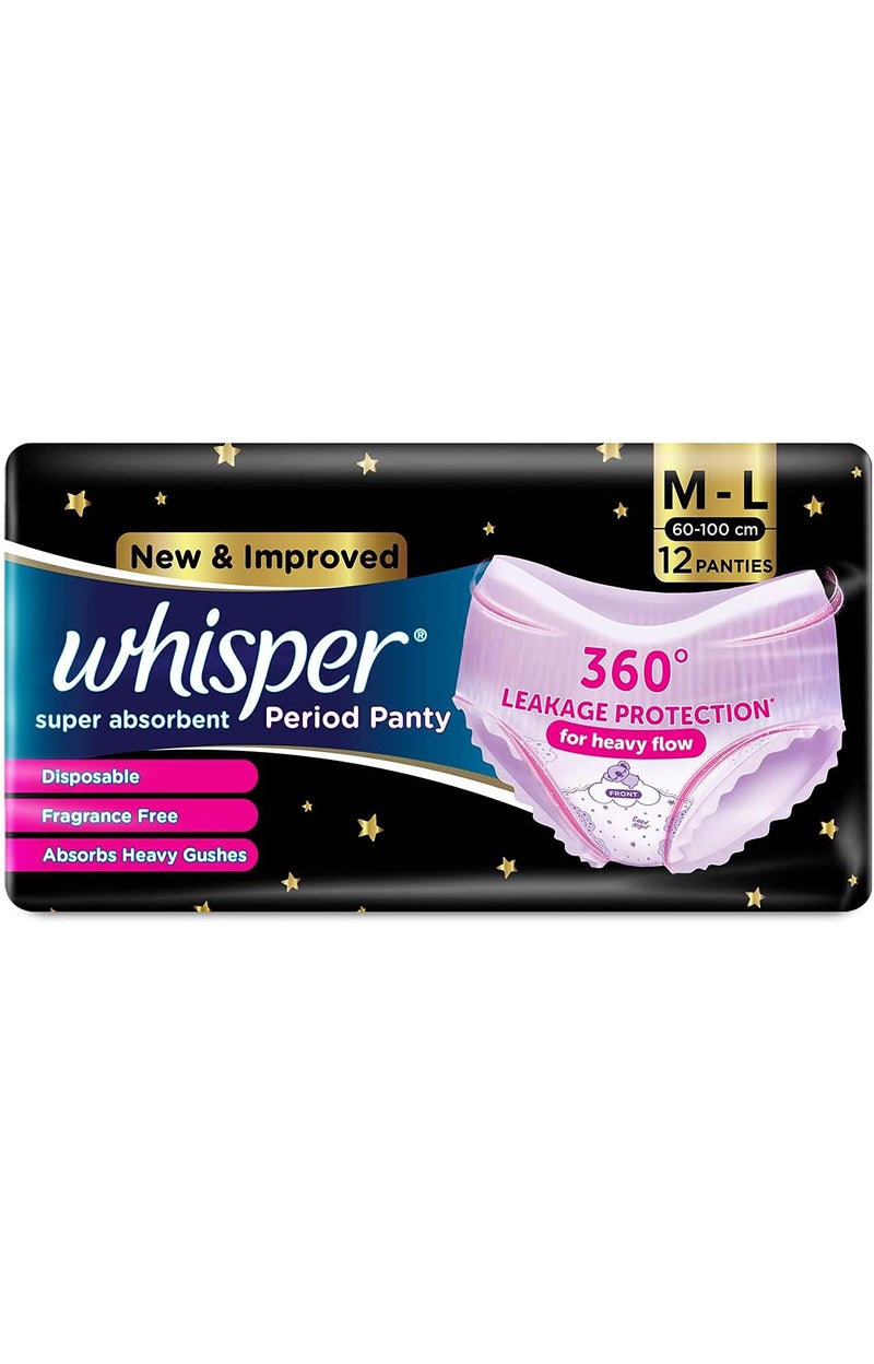 Whisper Super Absorbent M-L Period Panty, 360 Degree Leakage Protection for Heavy Flow 12 Pcs  - Image 1