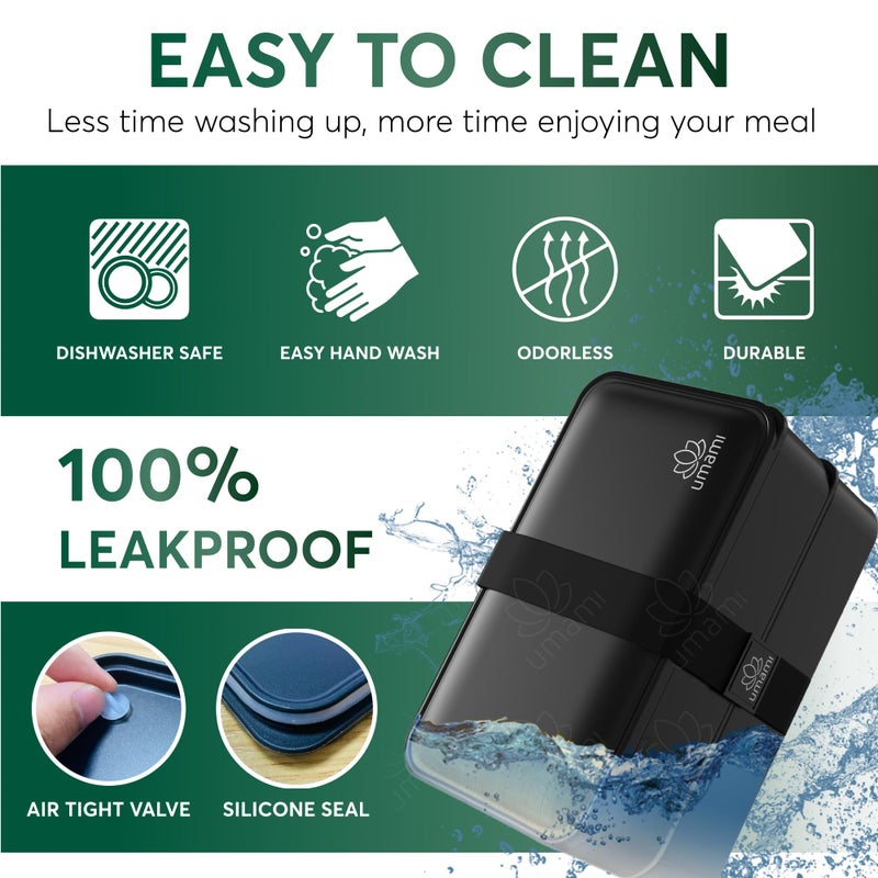 Umami Bento Box Adult, Stackable & Easy to Clean & 100% Leakproof Lunch Containers for Adults, Black Lunch Box Containers with Compartments for Everyday Use - Image 5