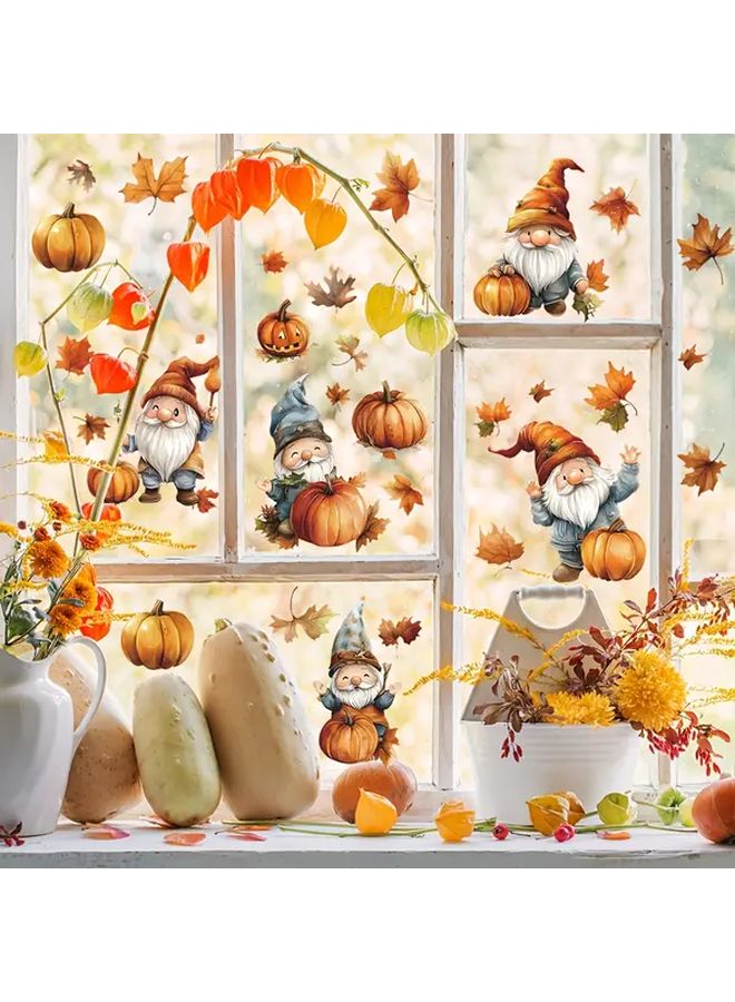 Cute Gnome Pumpkin Maple Leaf Static Cling Window Stickers Fun F765 Repositionable Decor - Image 1
