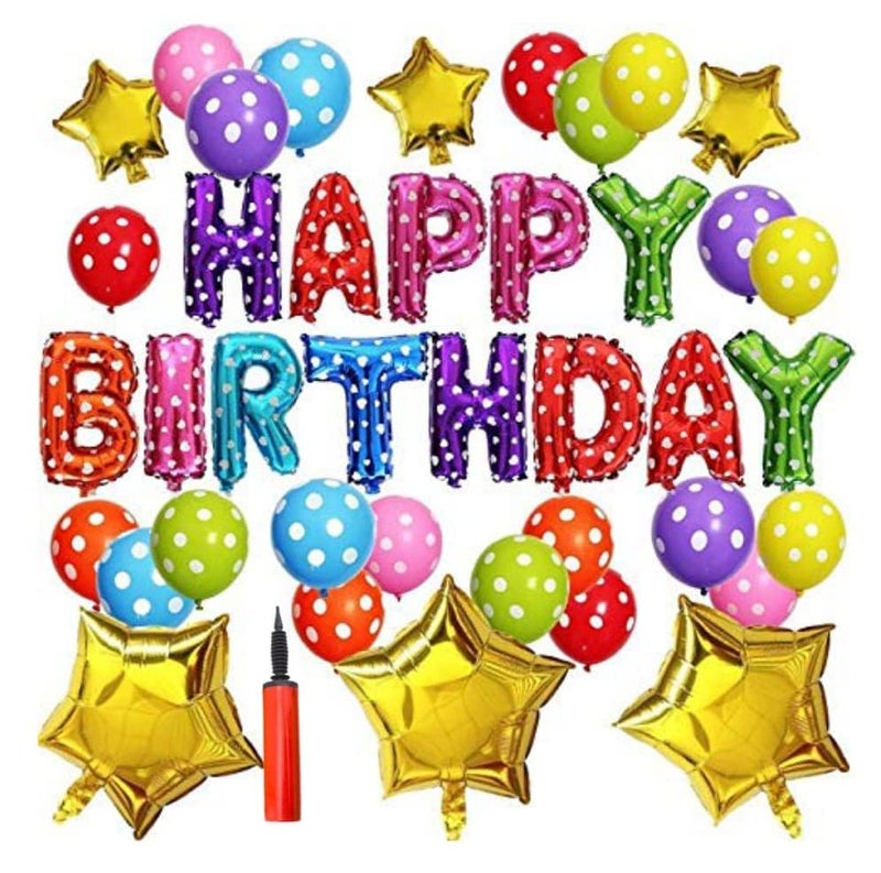 HK balloons Polka balloons Birthday Decorations Set for boys girls - Colorful Happy Birthday Letters Banner,6 pcs Multicolor Mylar Foil Star,21pcs Colorful Latex Balloons,Balloon Pump Pack of 40 - Image 2