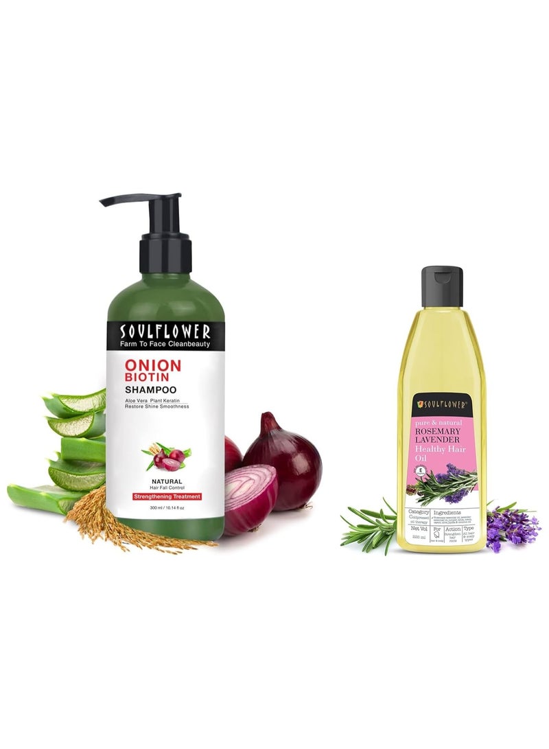 Soulflower Rosemary Lavender Natural Undiluted Coldpressed Oil, 225ml and Soulflower Onion Biotin Shampoo Aloevera, Plant Keratin, Reetha, Shikakai & Neem - SLS & Paraben Free| 300ml - Image 1