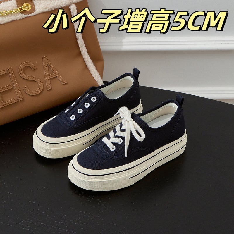 New Invisible Inner Heightening Canvas Shoes For Women In Summer Thick-Soled Casual Slip-On Lazy Loafers Lace-Up Sneakers For Women - Image 2
