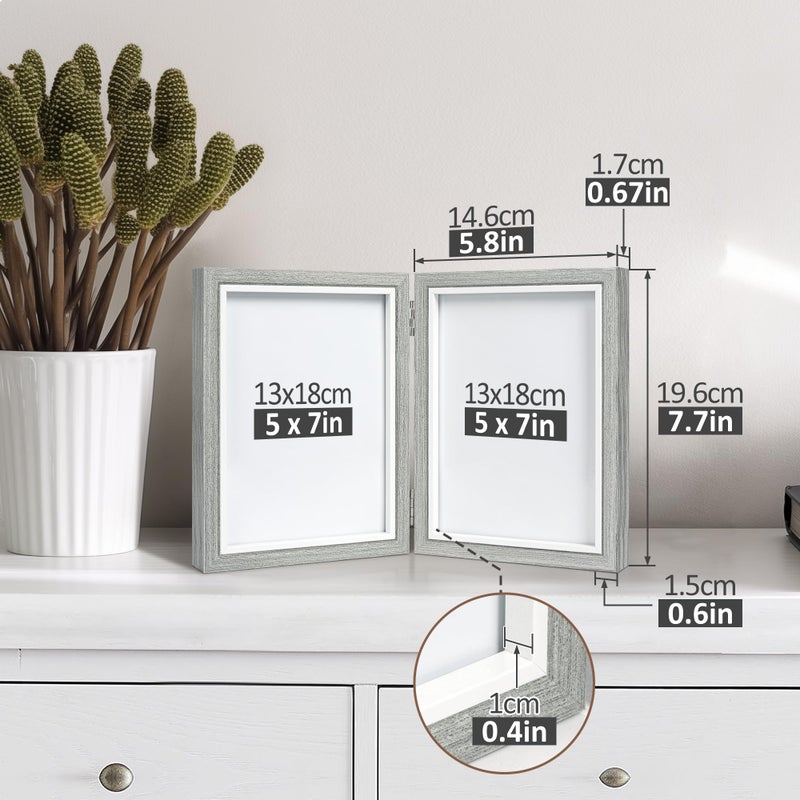 Afuly 5x7 إطار صورة رمادي إطارات صور مزدوجة خشبية مفصلية 2 فتحات الطاولة مكتب عرض ديكور حديث هدايا فريدة من نوع - Image 3