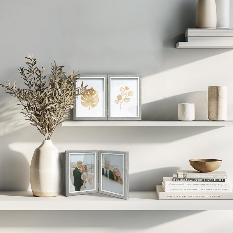 Afuly 5x7 إطار صورة رمادي إطارات صور مزدوجة خشبية مفصلية 2 فتحات الطاولة مكتب عرض ديكور حديث هدايا فريدة من نوع - Image 4