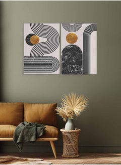 LOWHA Set of 2 Canvas Wall Arts Stretched Over Wooden Frame with Lines shapes Abstract Paintings  - Image 2